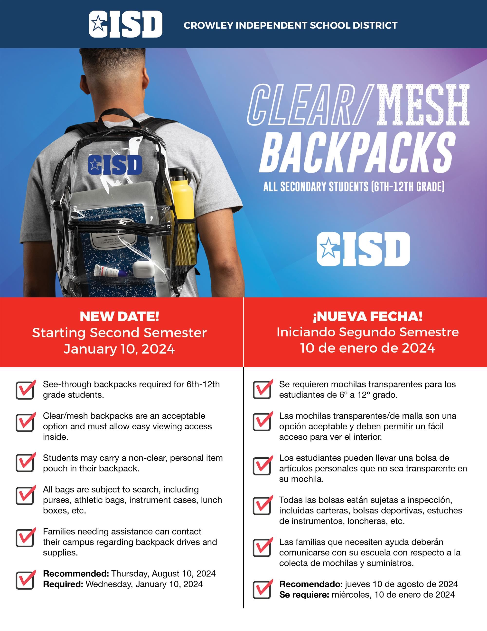 See-through backpacks required on Jan. 10, 2024